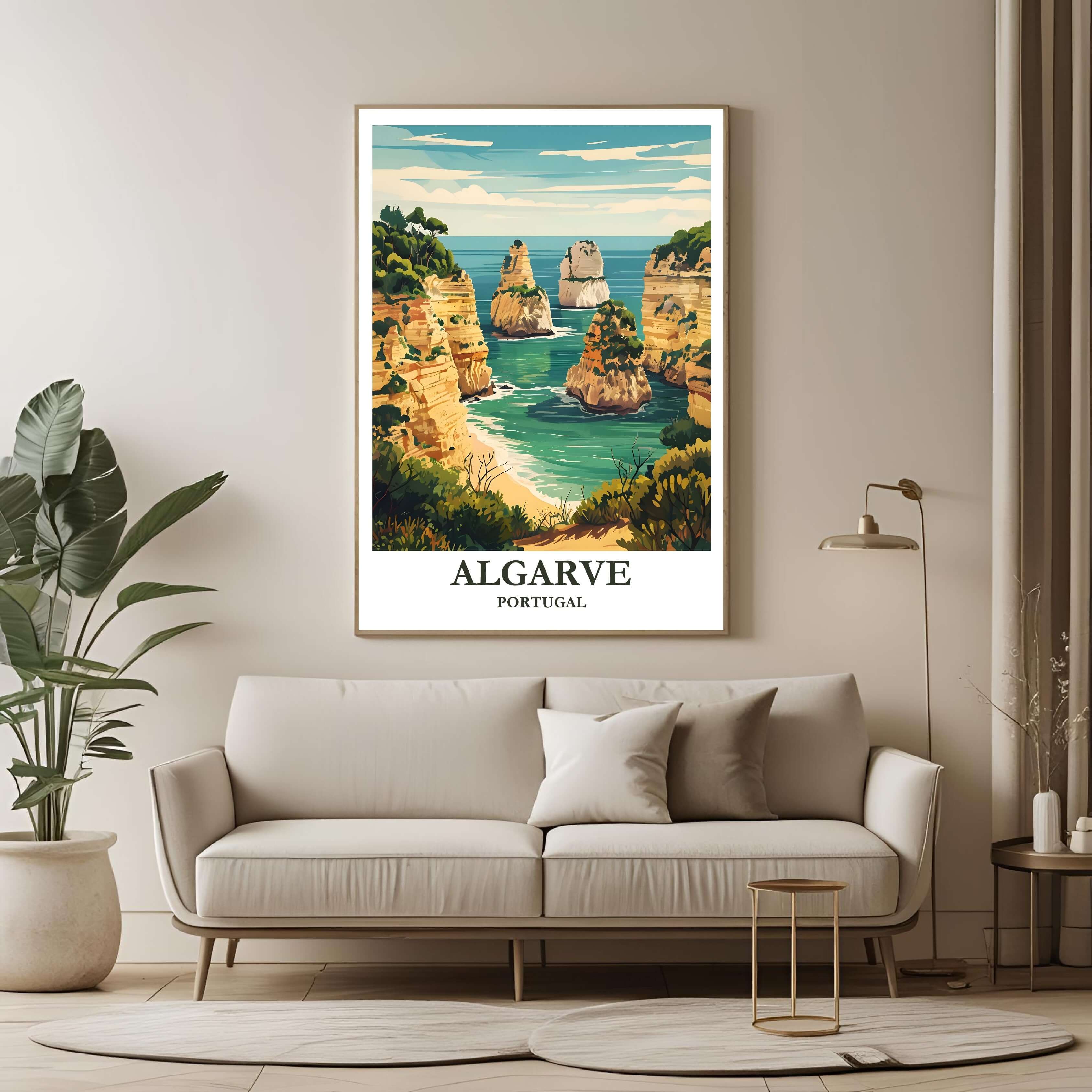 A framed poster of the Algarve coast hanging in a living room, enhancing the modern and sophisticated look of the space.