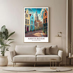 A framed poster of Amsterdam hanging in a living room, enhancing the modern and sophisticated look of the space.