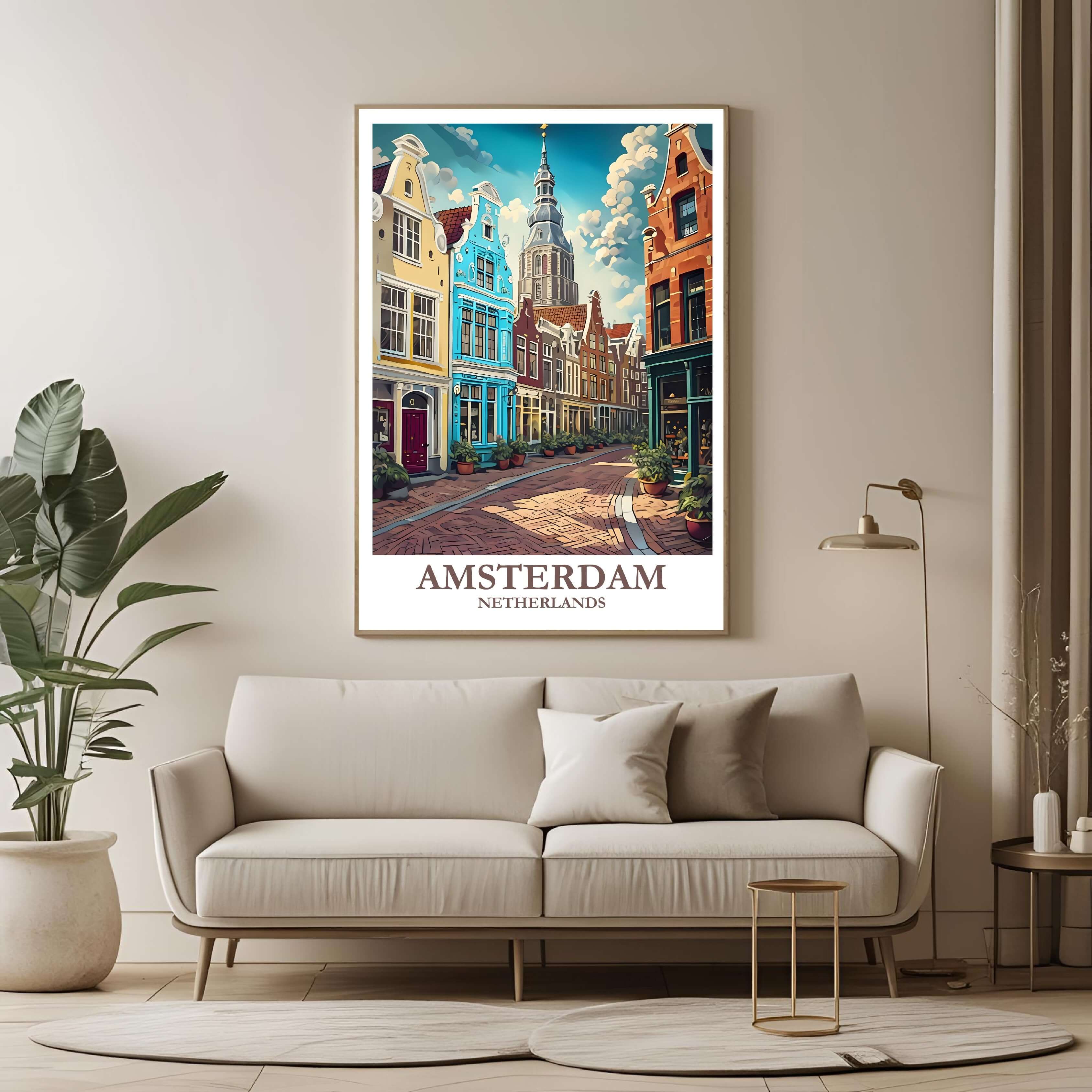A framed poster of Amsterdam hanging in a living room, enhancing the modern and sophisticated look of the space.