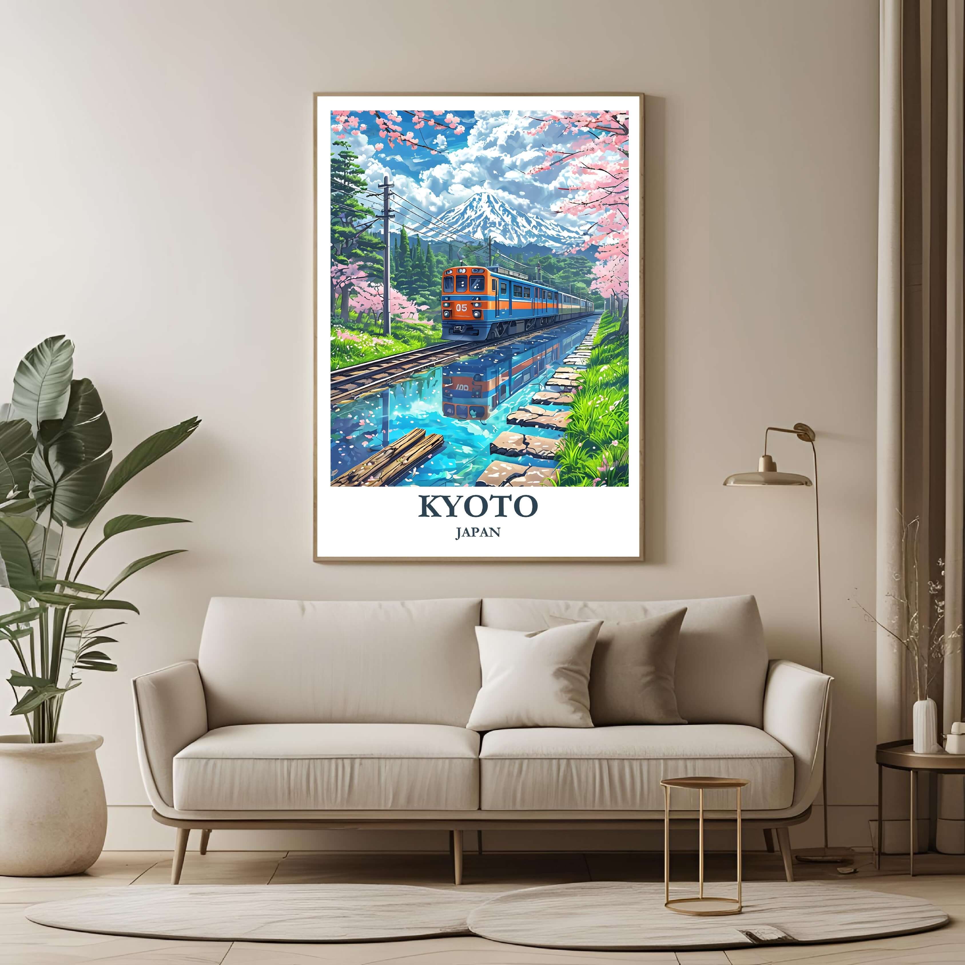A framed poster of Kyoto hanging in a living room, enhancing the modern and sophisticated look of the space.