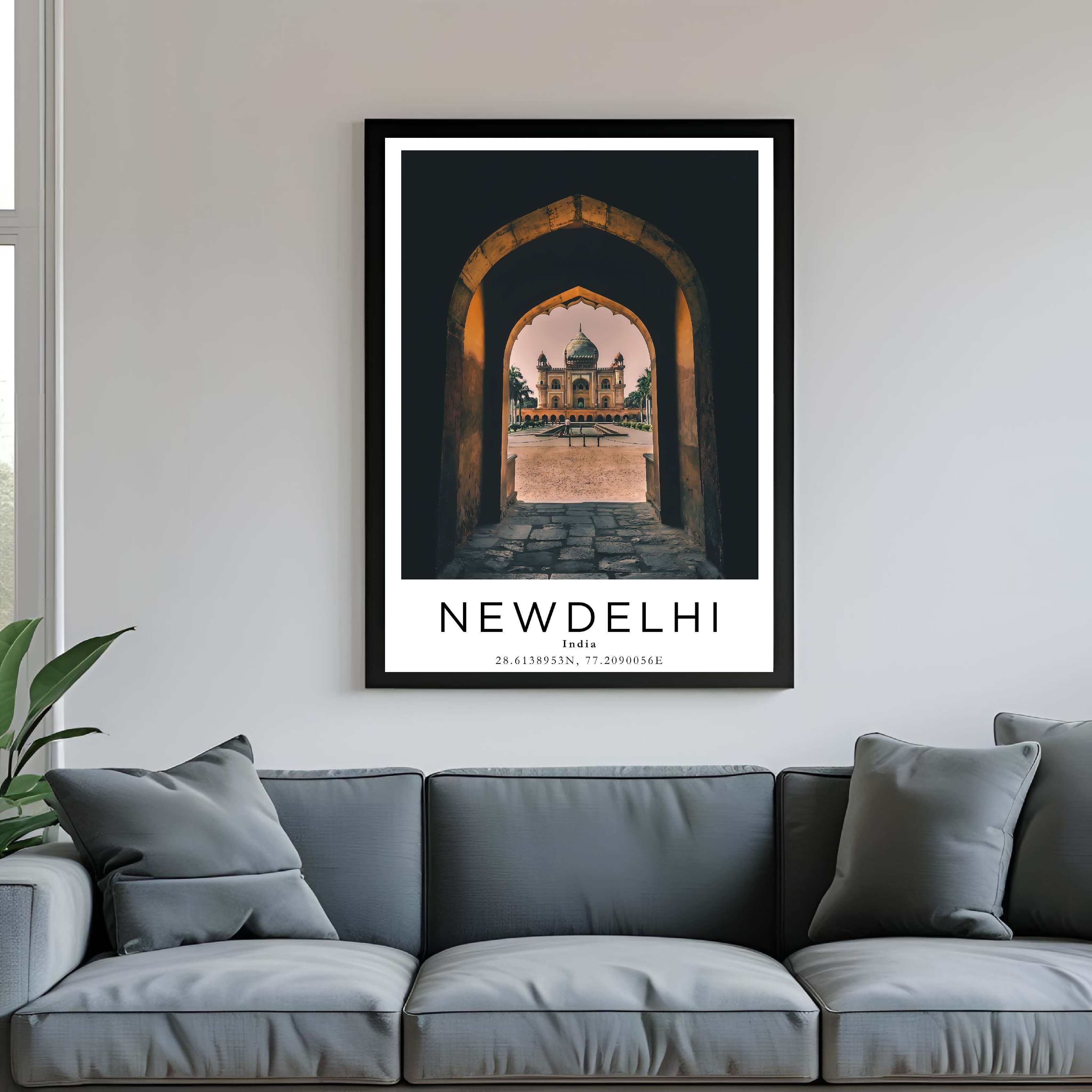 A framed poster of Humayun's Tomb hanging in a living room, enhancing the sophisticated and cultural look of the space.
