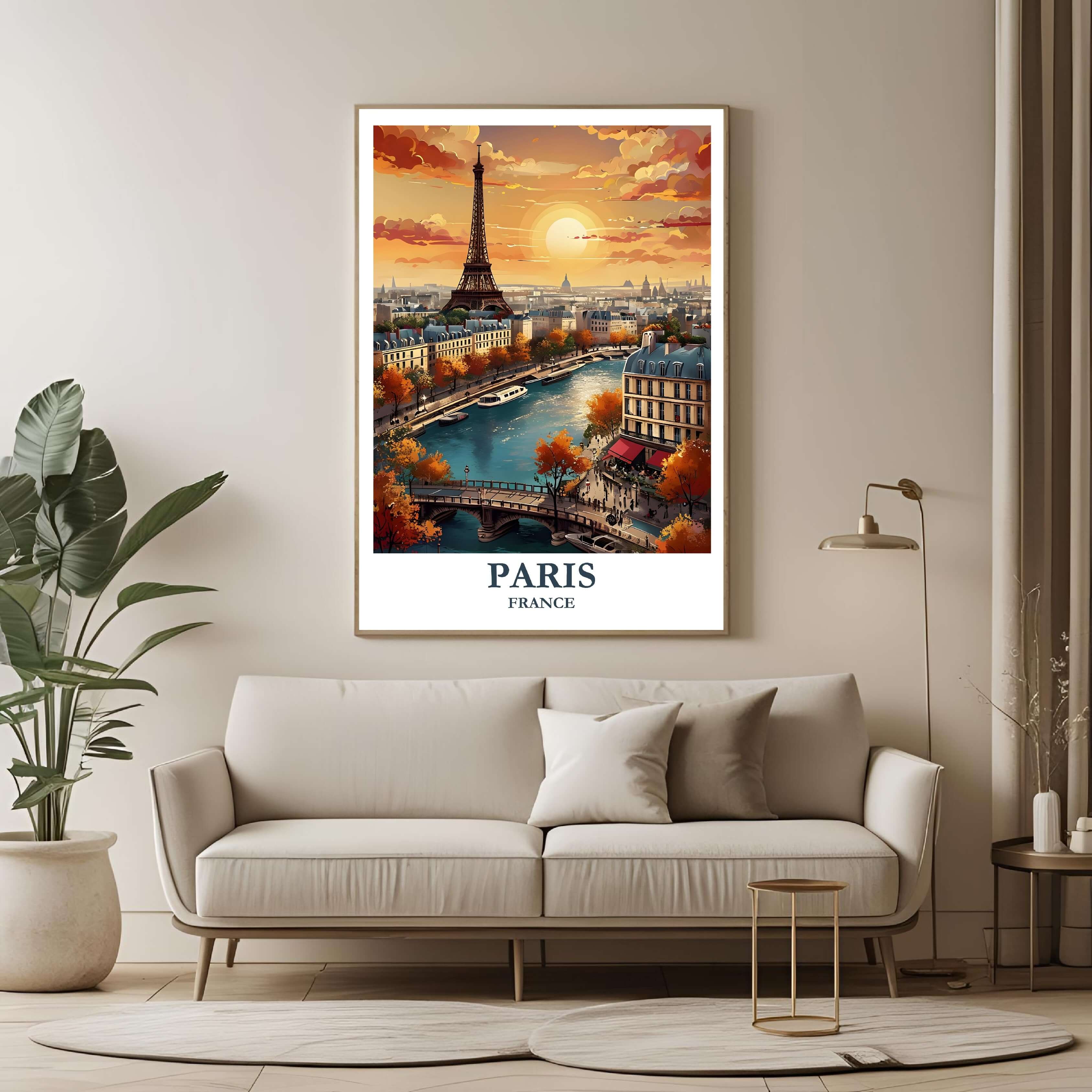  A framed poster of Paris hanging in a living room, enhancing the modern and sophisticated look of the space.