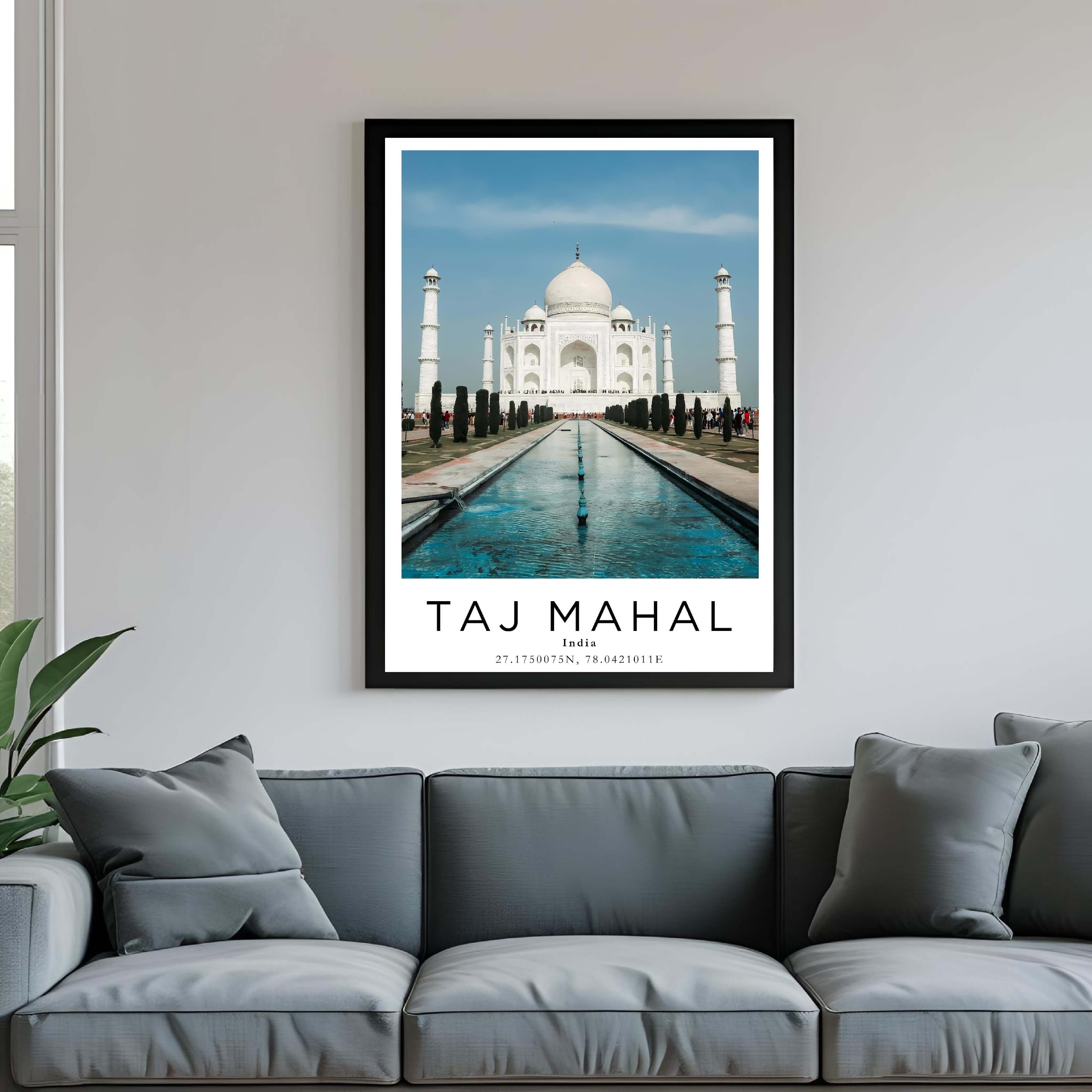 A framed poster of the Taj Mahal hanging in a living room, enhancing the sophisticated and cultural look of the space.
