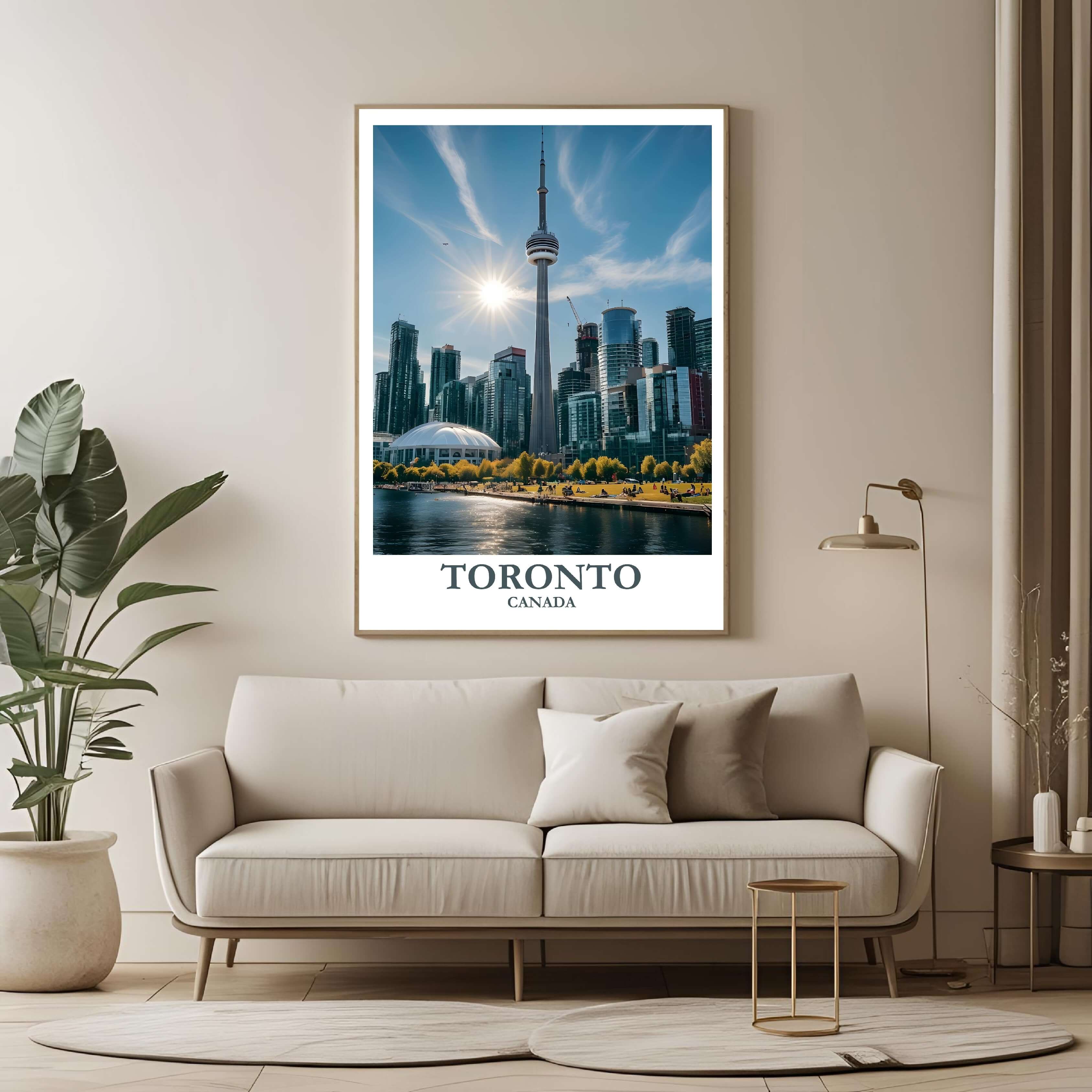 A framed poster of the Toronto skyline hanging in a living room, enhancing the modern and sophisticated look of the space.