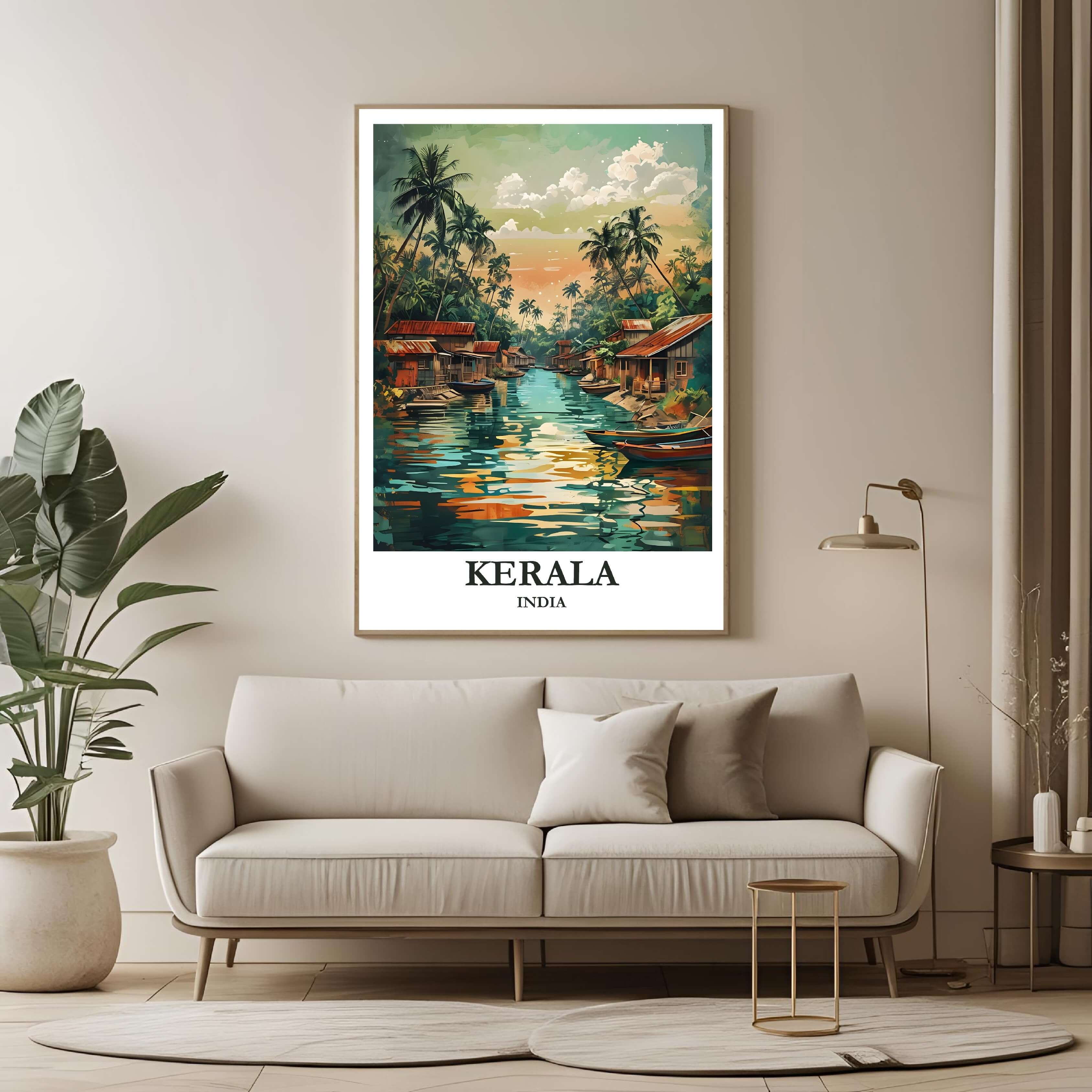 A large framed poster of the Kerala illustration hanging in a contemporary living room, enhancing a luxurious, peaceful, and exotic look.