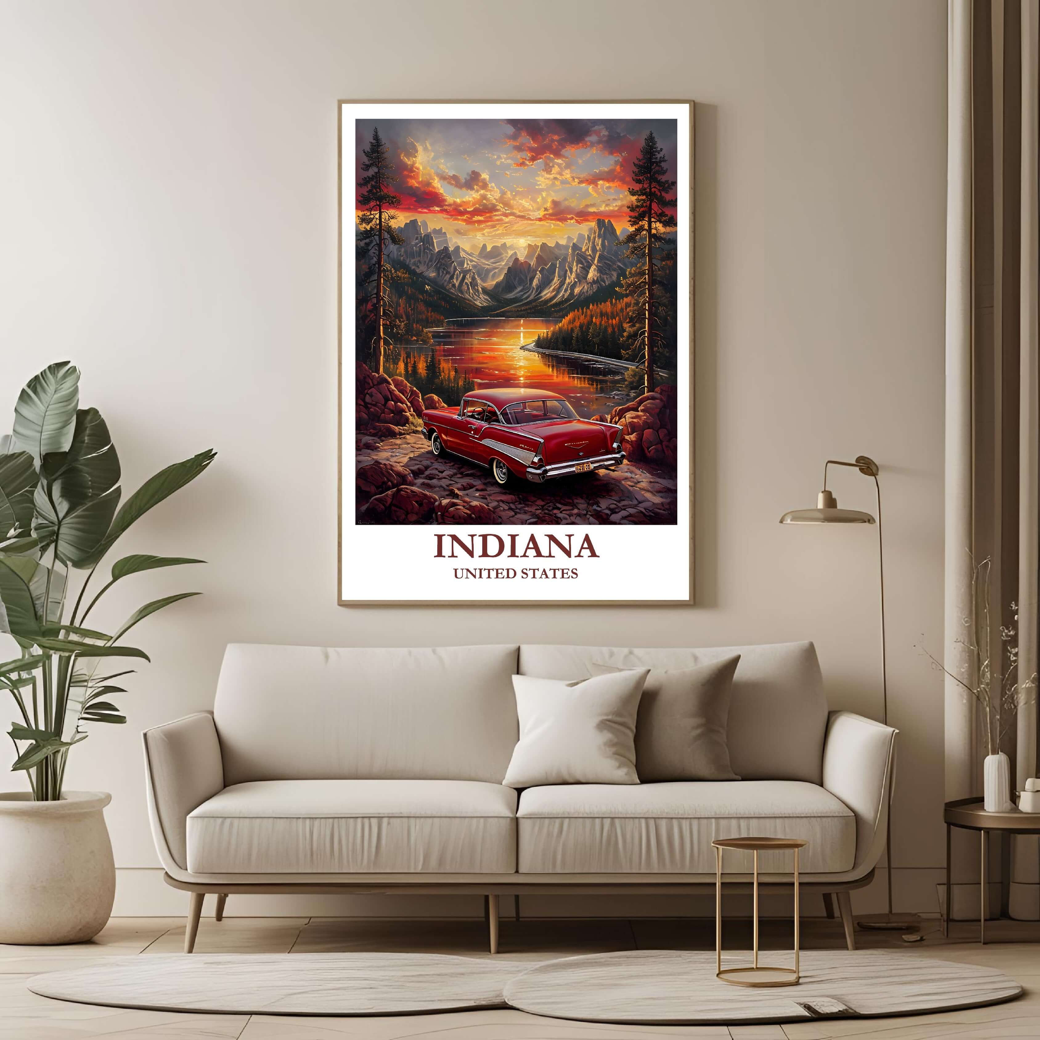 A large framed poster of the Indiana illustration hanging in a contemporary living room, enhancing an adventurous and stylish look.