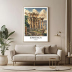 A large framed poster of the Ephesus ruins hanging in a contemporary living room, enhancing a cultured and sophisticated look.