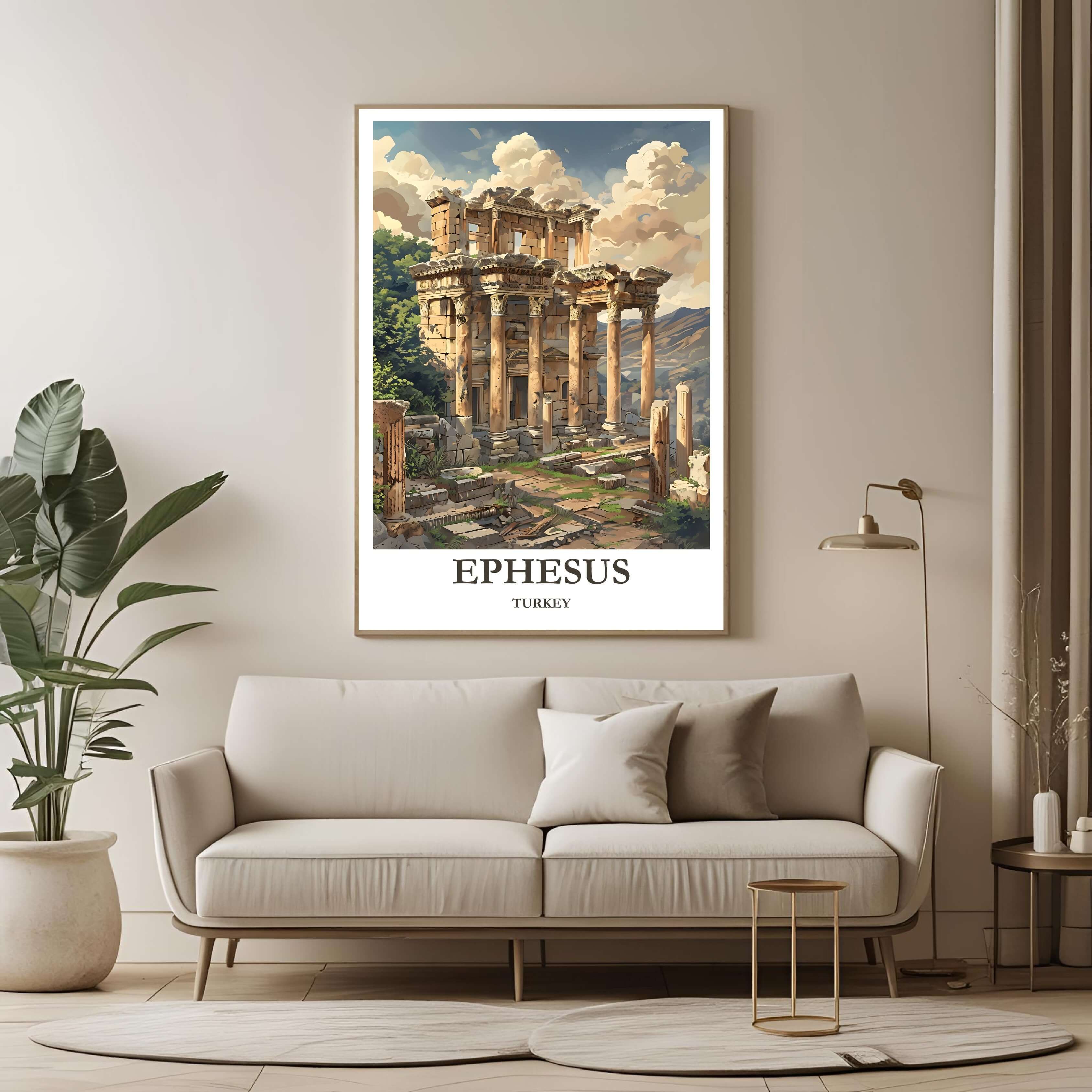 A large framed poster of the Ephesus ruins hanging in a contemporary living room, enhancing a cultured and sophisticated look.