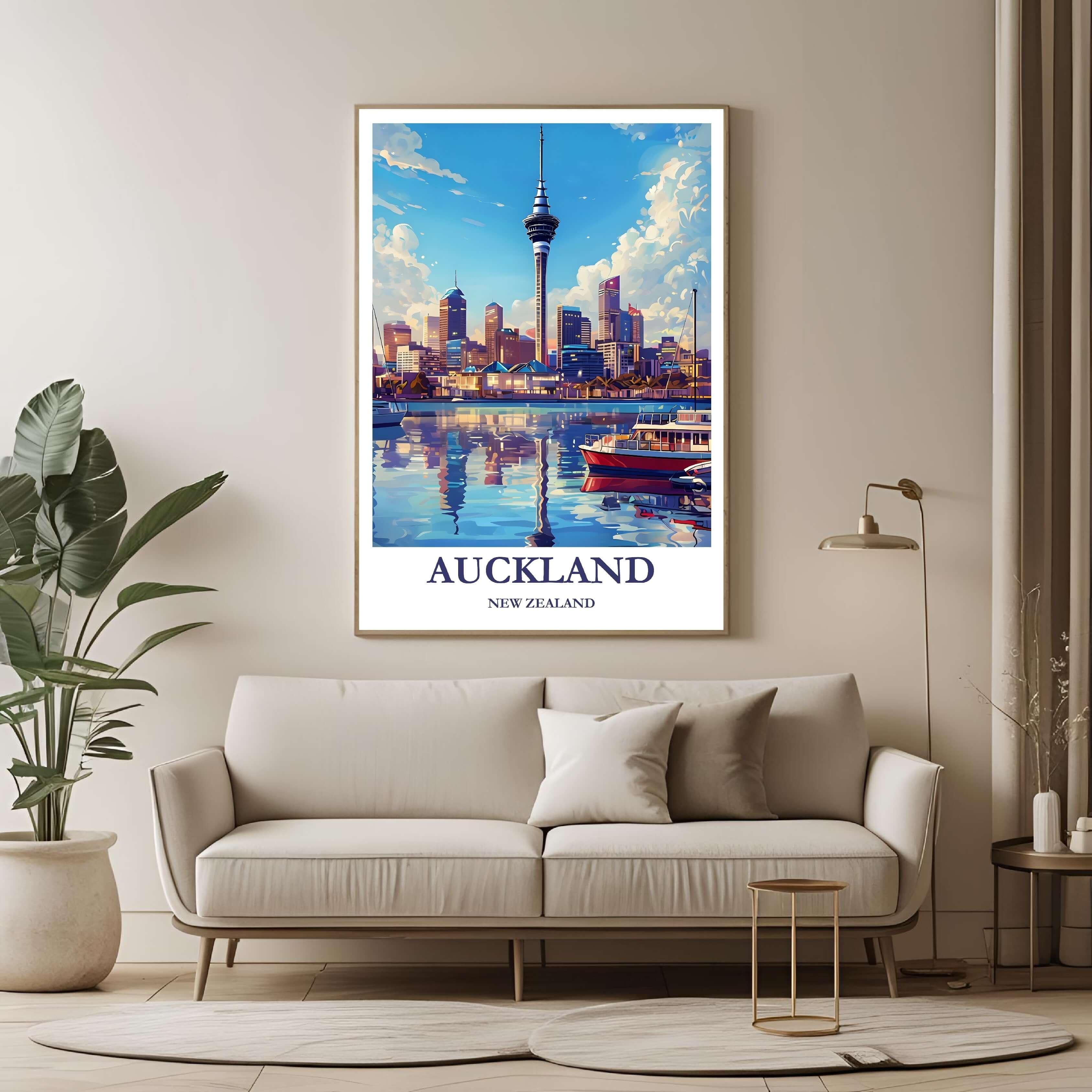 A framed poster of the Auckland skyline hanging in a living room, enhancing the modern and sophisticated look of the space.