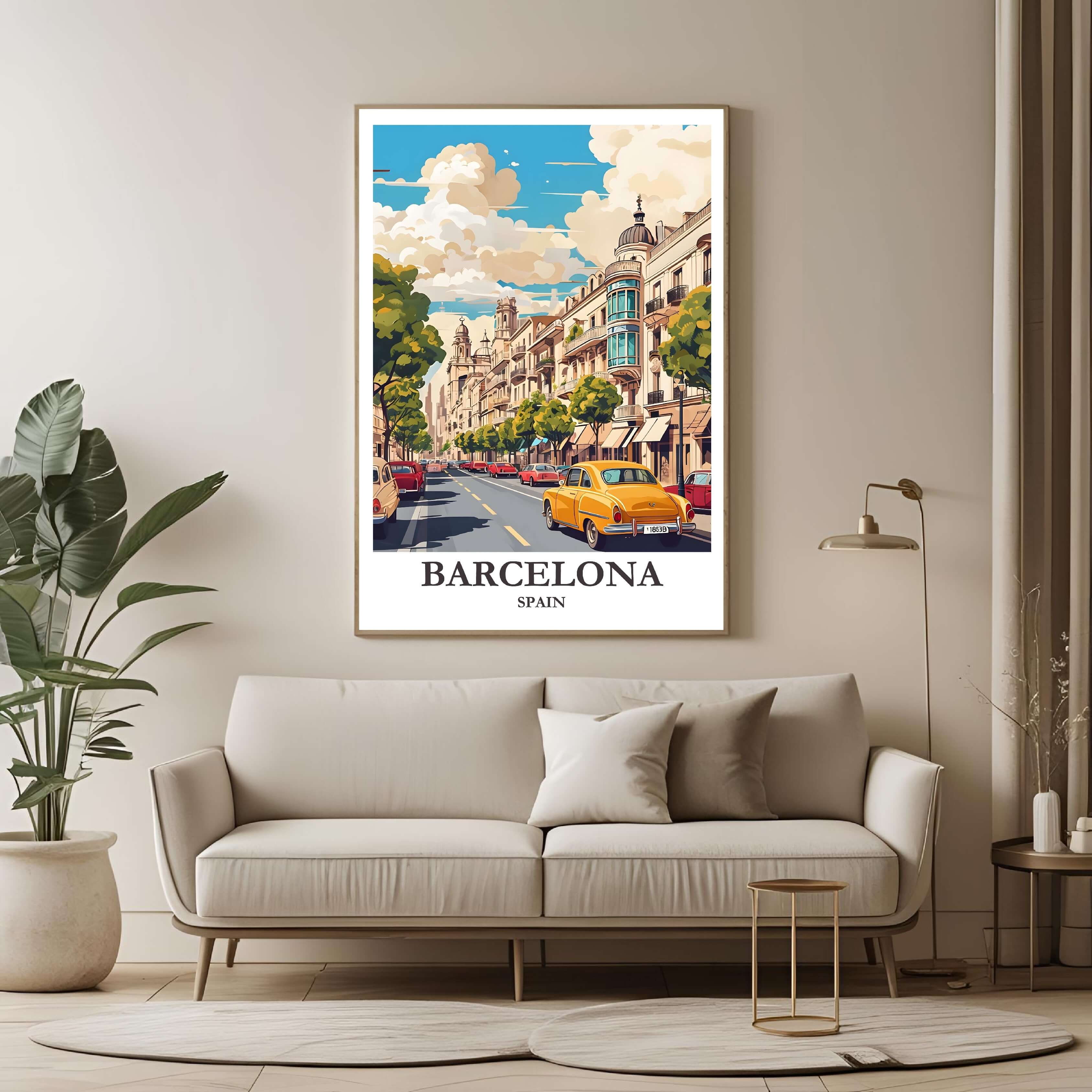 A large framed poster of the Barcelona illustration hanging in a living room, enhancing the modern and artistic look of the space.