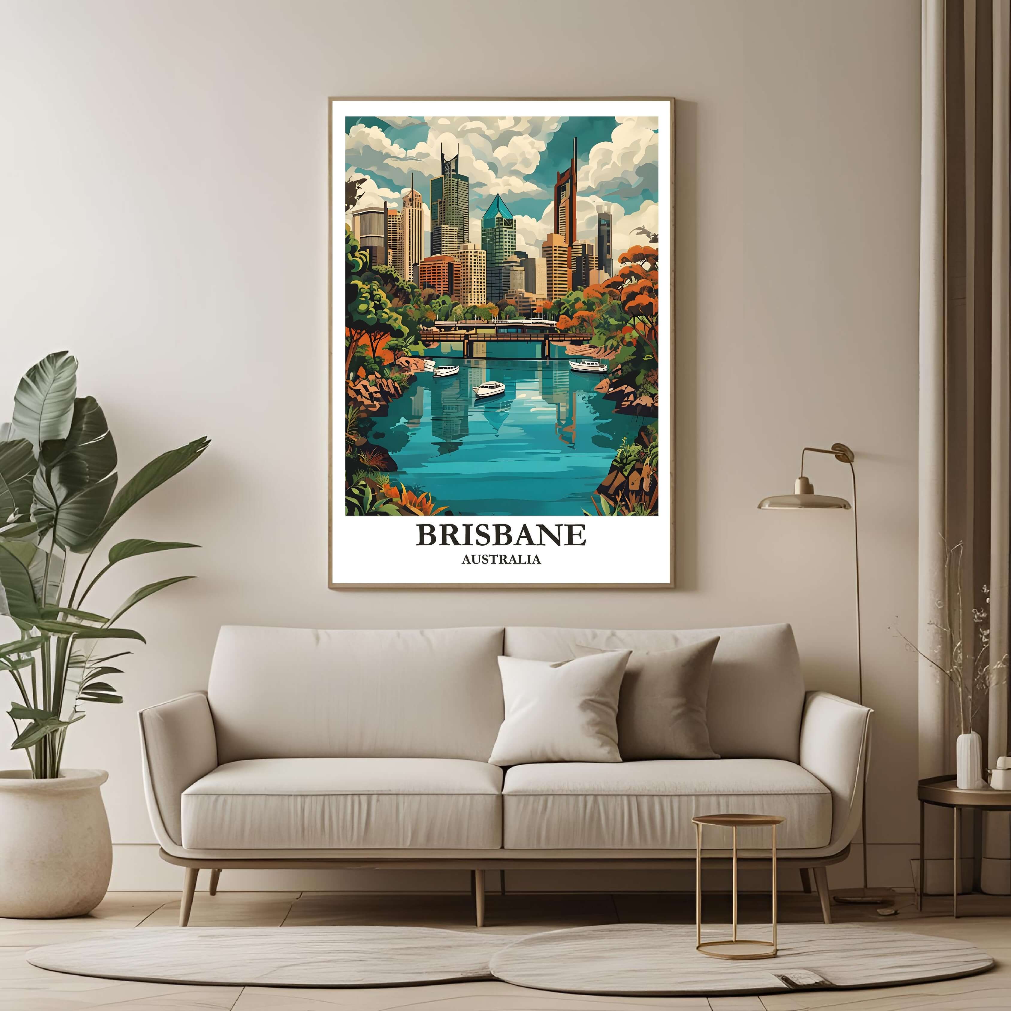 A large framed poster of the Brisbane illustration hanging in a contemporary living room, enhancing the modern and artistic look of the space.
