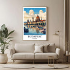 A large framed poster of the Budapest illustration hanging in a contemporary living room, enhancing the modern and cultured look of the space.