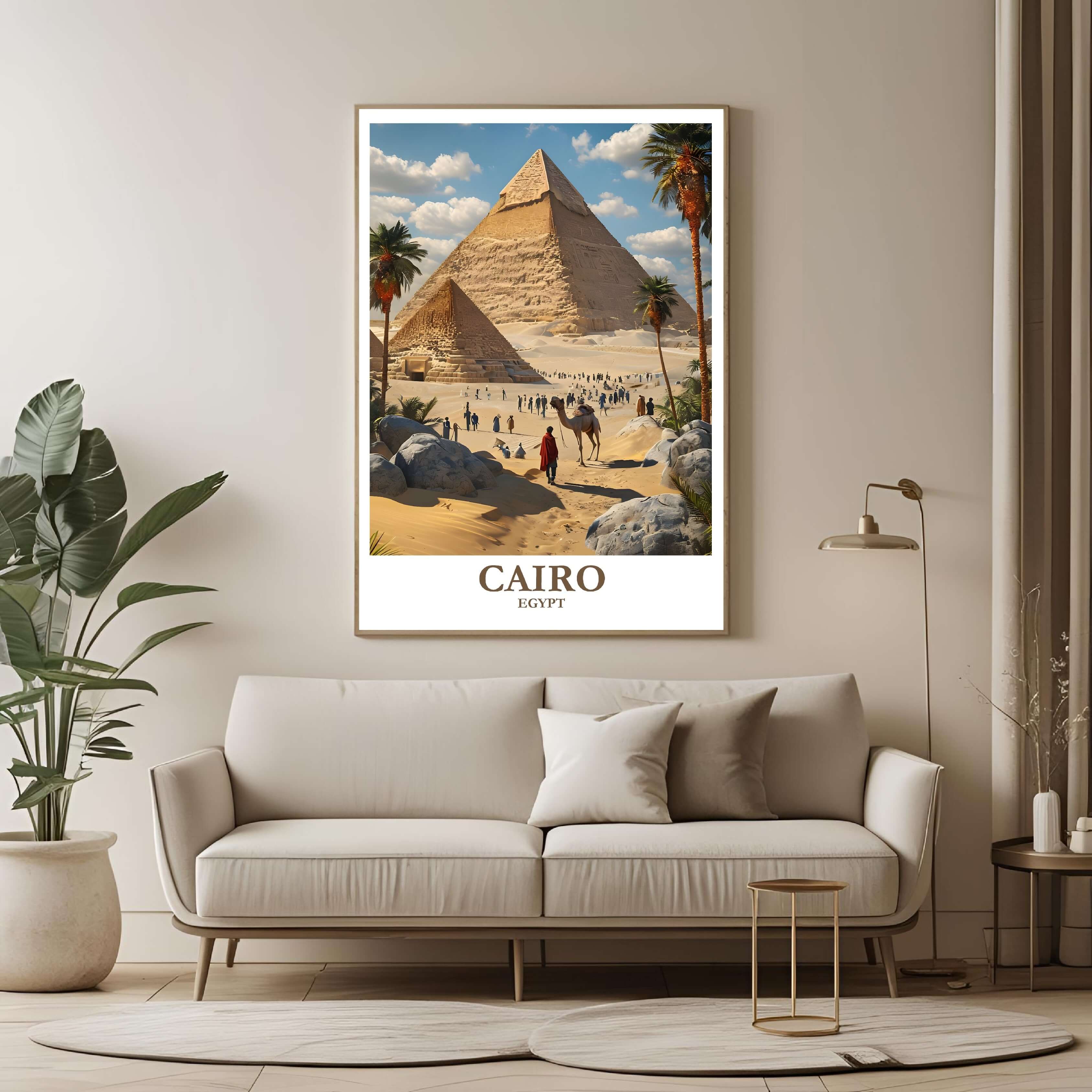 A large framed poster of the Cairo Pyramids hanging in a contemporary living room, enhancing a sophisticated, adventurous look.