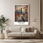  A large framed poster of the Chicago illustration hanging in a contemporary living room, enhancing a modern and dramatic look.