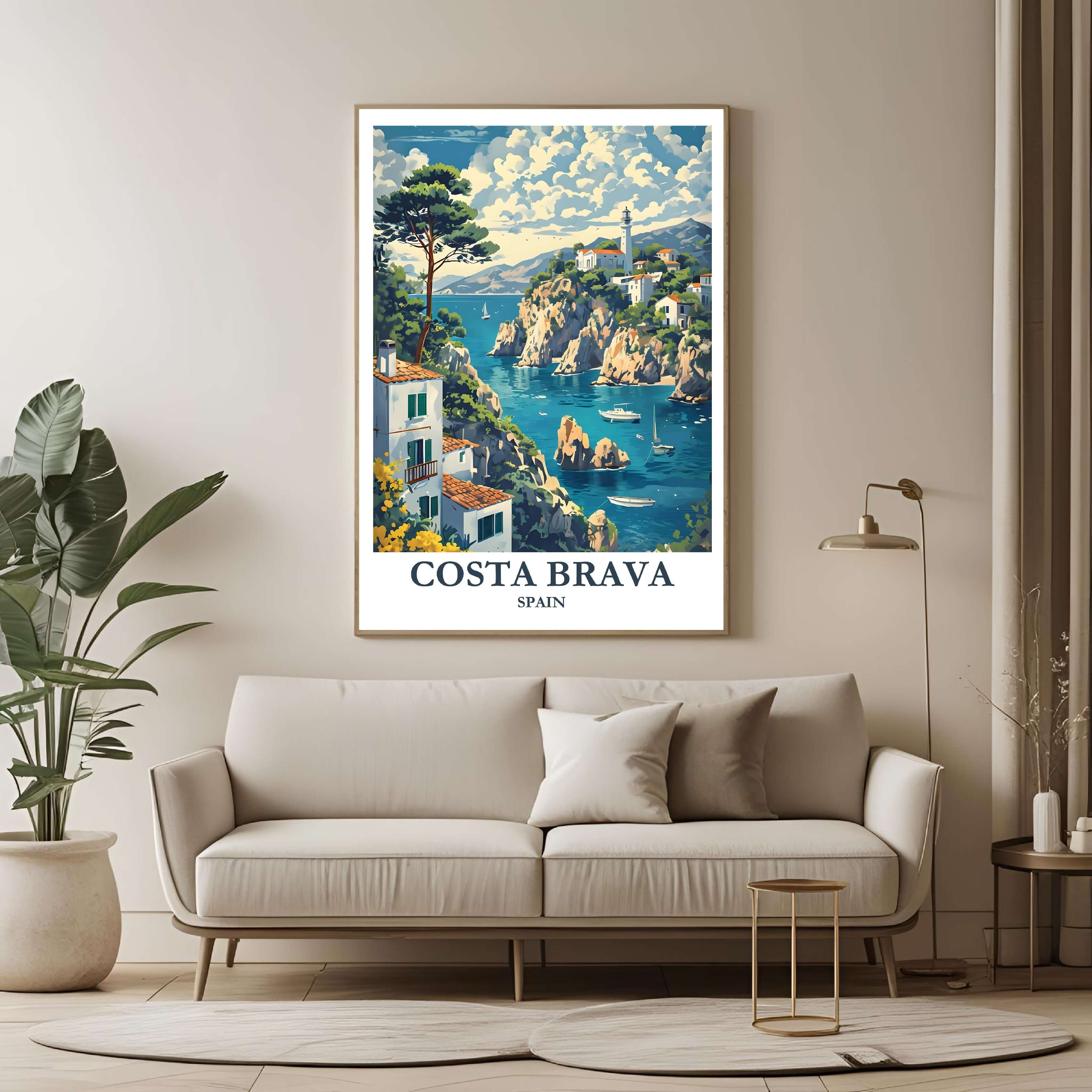 A large framed poster of the Costa Brava illustration hanging in a contemporary living room, enhancing a luxurious, resort-style look.