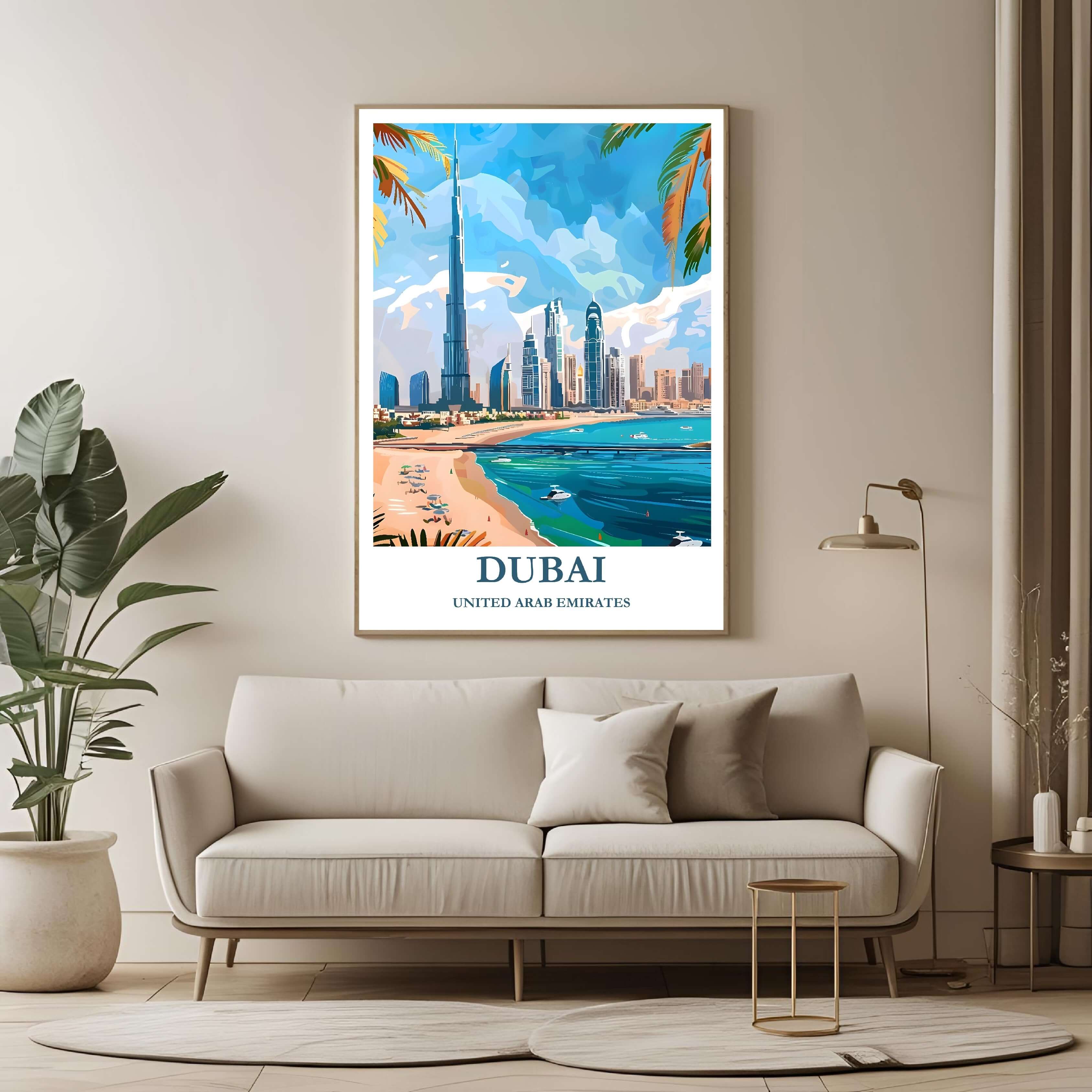 A large framed poster of the Dubai illustration hanging in a contemporary living room, enhancing a luxurious and ambitious look.