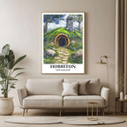 A large framed poster of the Hobbiton illustration hanging in a cozy living room, enhancing a luxurious, imaginative look.