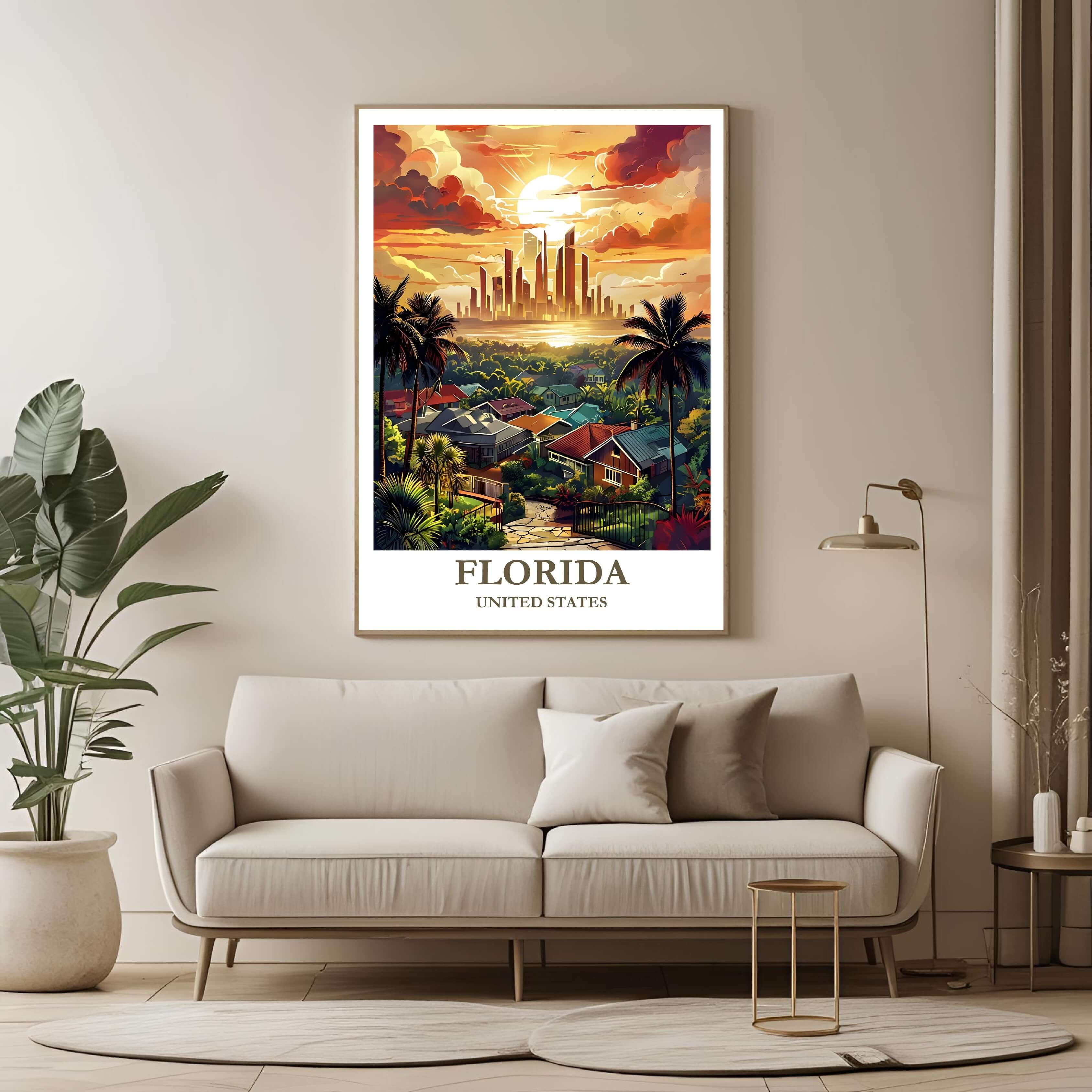 A large framed poster of the Florida illustration hanging in a contemporary living room, enhancing a luxurious, vacation-inspired look.