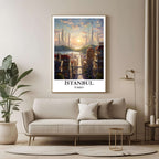 A large framed poster of the Istanbul illustration hanging in a contemporary living room, enhancing a luxurious and cultured look.