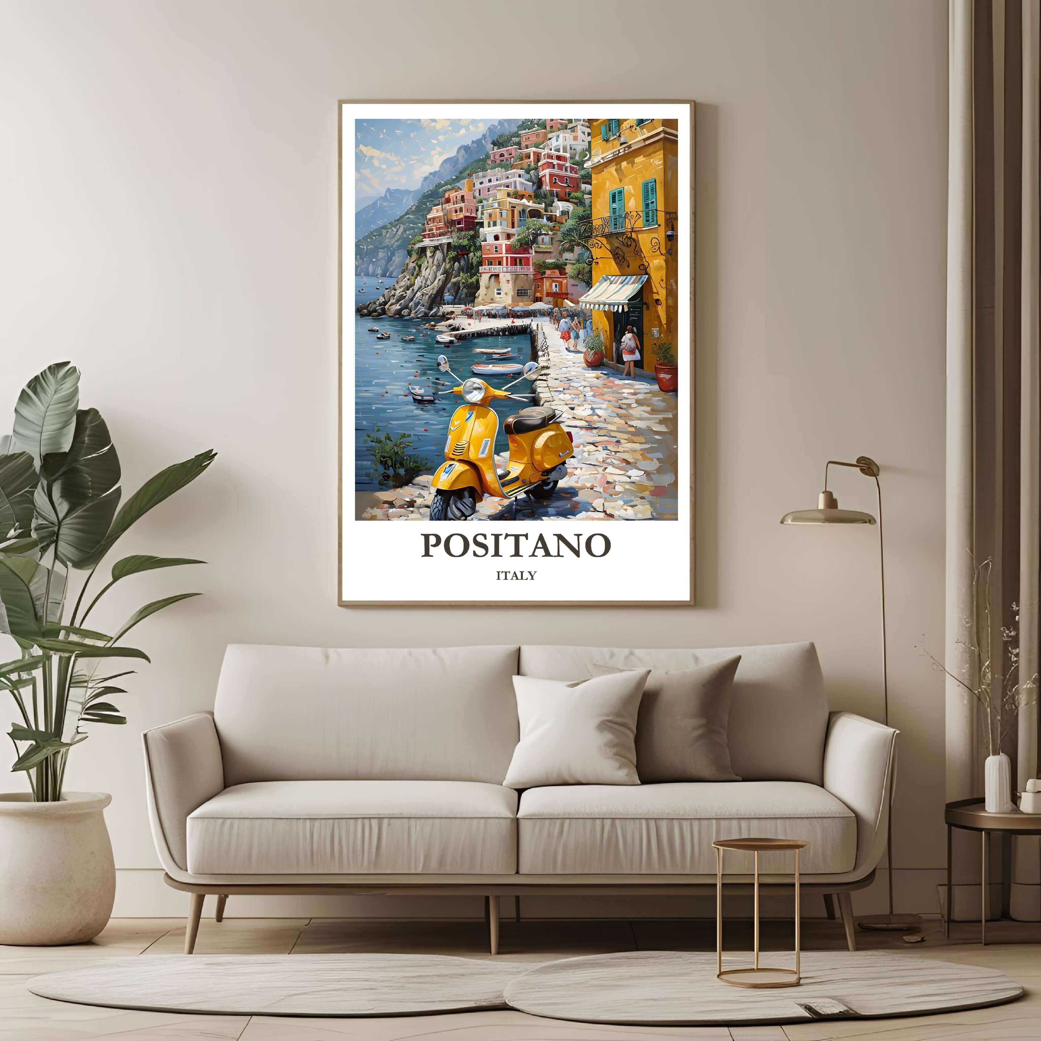A large framed poster of the Positano illustration hanging in a contemporary living room, enhancing a luxurious, Mediterranean-inspired look.