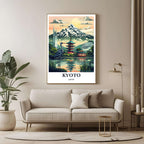 A large framed poster of the Kyoto illustration hanging in a contemporary living room, enhancing a cultured and peaceful look.