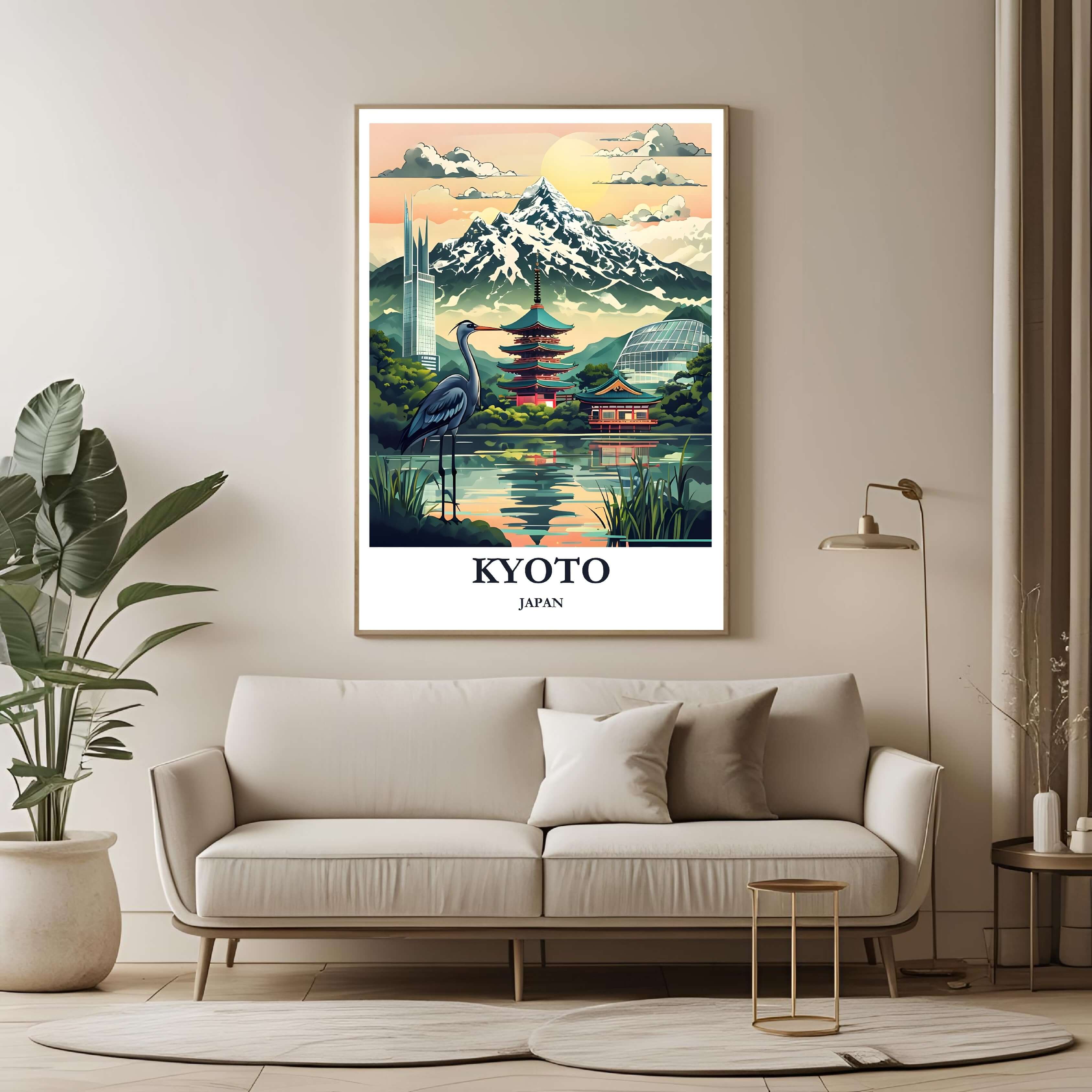 A large framed poster of the Kyoto illustration hanging in a contemporary living room, enhancing a cultured and peaceful look.