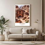A large framed poster of the Petra illustration/photo hanging in a contemporary living room, enhancing a sophisticated and worldly look.