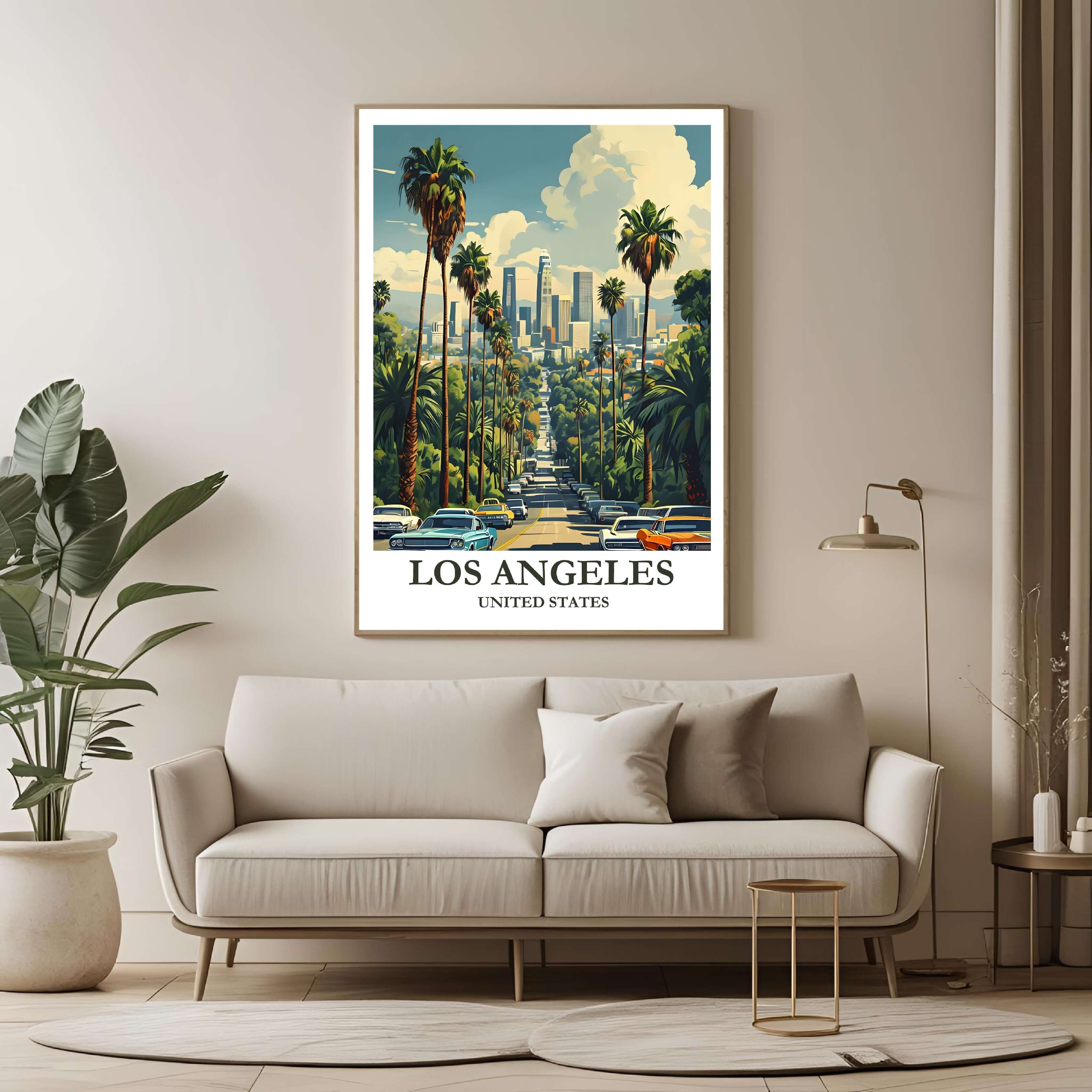 A large framed poster of the Los Angeles illustration hanging in a contemporary living room, enhancing a luxurious, resort-style look.