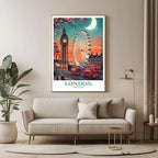 A large framed poster of the London illustration hanging in a contemporary living room, enhancing a luxurious and cultured look.