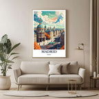 A large framed poster of the Madrid illustration hanging in a contemporary living room, enhancing a luxurious and cultured look.