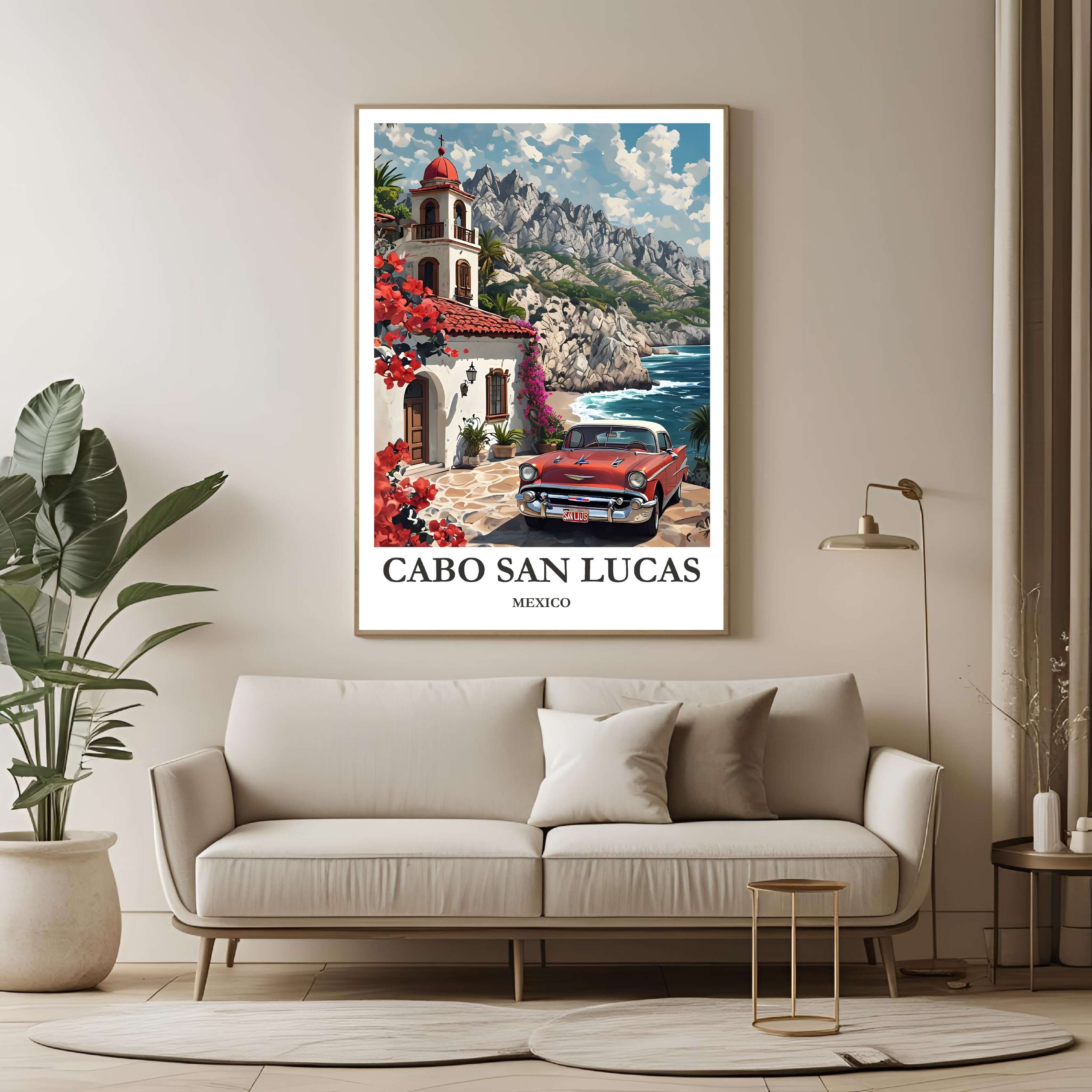 A large framed poster of the Cabo San Lucas illustration hanging in a contemporary living room, enhancing a tropical, sophisticated look.