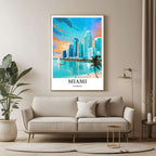 A large framed poster of the Miami illustration hanging in a contemporary living room, enhancing a luxurious, resort-style look.