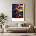 A large framed poster of the Montana illustration hanging in a contemporary living room, enhancing an adventurous and sophisticated look.