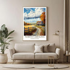 A large framed poster of the North Carolina illustration hanging in a contemporary living room, enhancing a luxurious and cozy look.