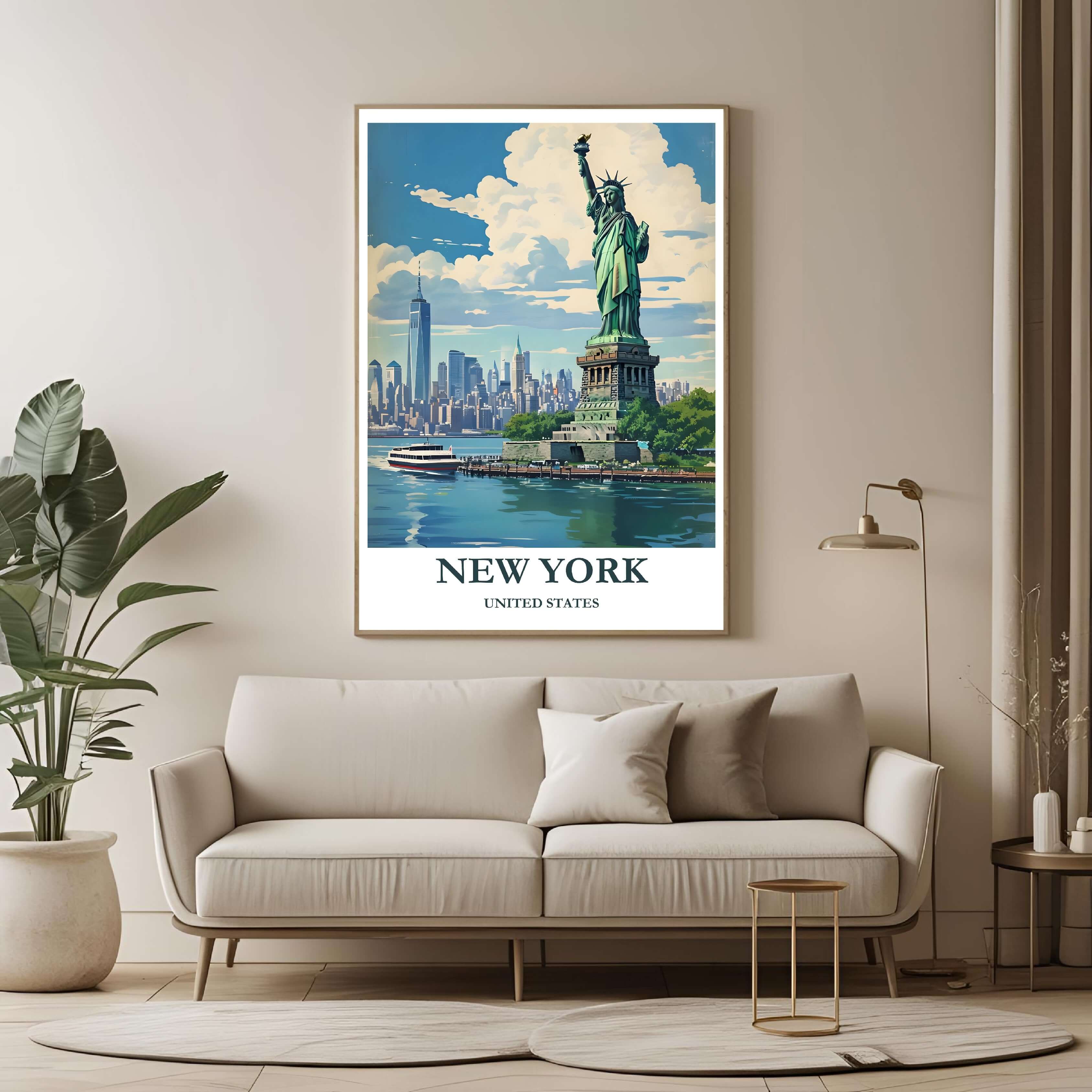 A large framed poster of the New York illustration hanging in a contemporary living room, enhancing a luxurious and ambitious look.