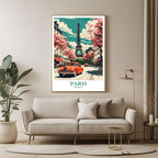 A large framed poster of the Paris illustration hanging in a contemporary living room, enhancing a luxurious and cultured look.
