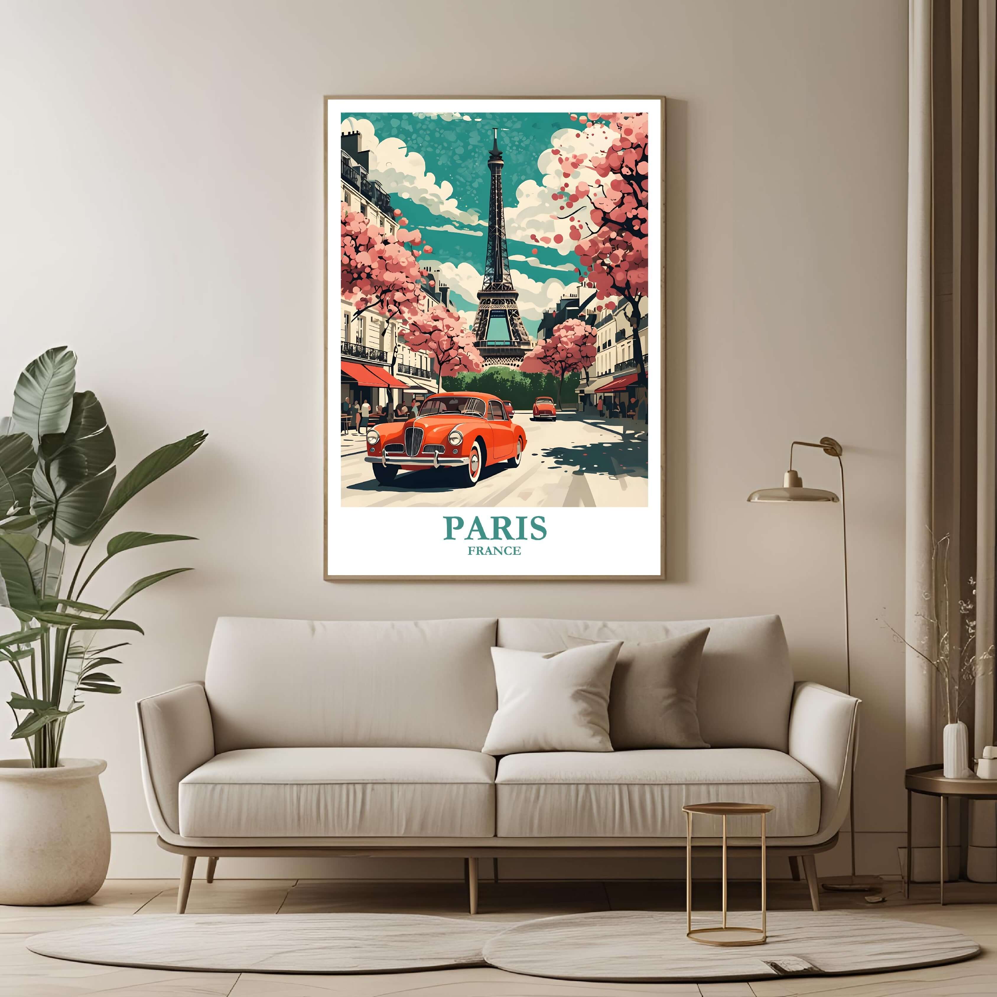 A large framed poster of the Paris illustration hanging in a contemporary living room, enhancing a luxurious and cultured look.