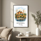 Large framed Istanbul print hung above a modern sofa in a luxury living room. Functions as an elegant global travel focal point.