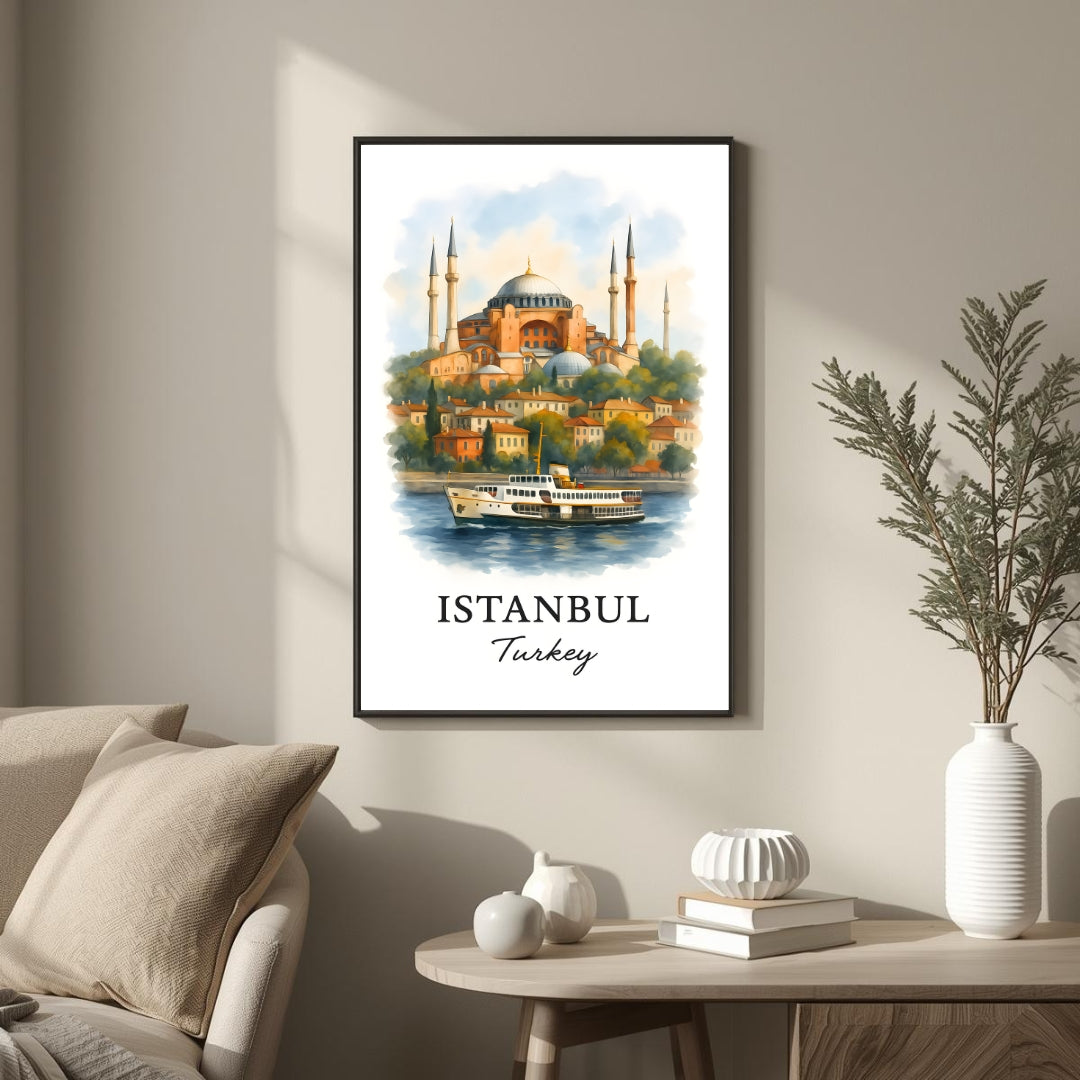 Large framed Istanbul print hung above a modern sofa in a luxury living room. Functions as an elegant global travel focal point.