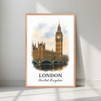Framed Big Ben art in a natural Red Oak wood frame. Emphasizes the warm, historical stone tones against the sky.
