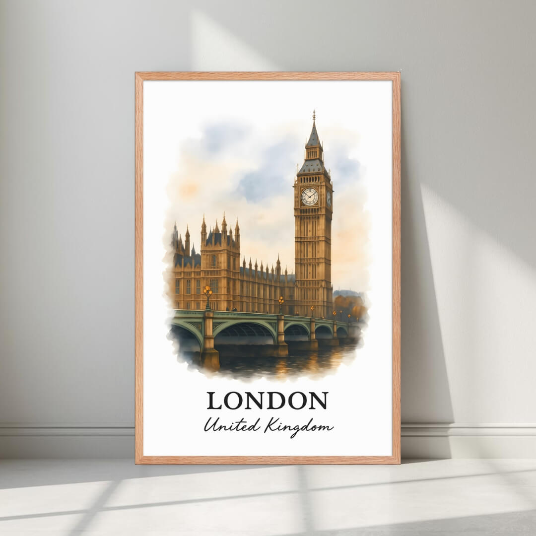 Framed Big Ben art in a natural Red Oak wood frame. Emphasizes the warm, historical stone tones against the sky.