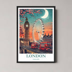 A framed, vibrant illustration of the London skyline with a classic black frame, featuring Big Ben, the London Eye, and a double-decker bus at twilight.