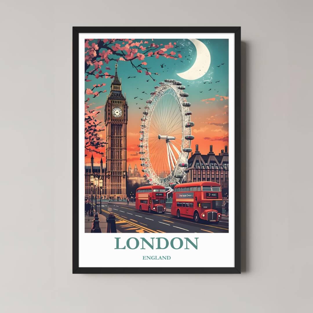 A framed, vibrant illustration of the London skyline with a classic black frame, featuring Big Ben, the London Eye, and a double-decker bus at twilight.