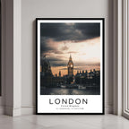 A framed poster of Big Ben in London, UK, with a classic black frame, styled in a modern interior.