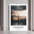 A framed art print of the London skyline with Big Ben and the River Thames, featuring a clean white frame, perfect for a minimalist decor style.