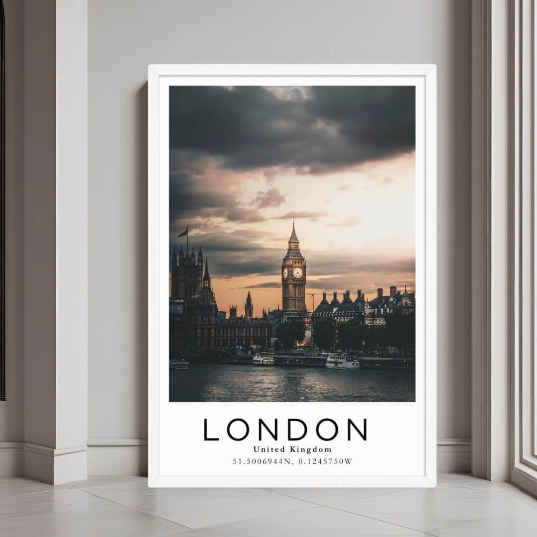A framed art print of the London skyline with Big Ben and the River Thames, featuring a clean white frame, perfect for a minimalist decor style.