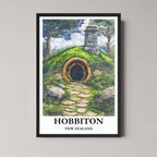 A framed art print of the Hobbiton illustration with a classic black frame, ideal for a bold, fantasy-themed room.
