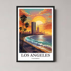 A framed, vibrant illustration of the Los Angeles coast and skyline under a colorful sunset, featuring palm trees and a black frame.