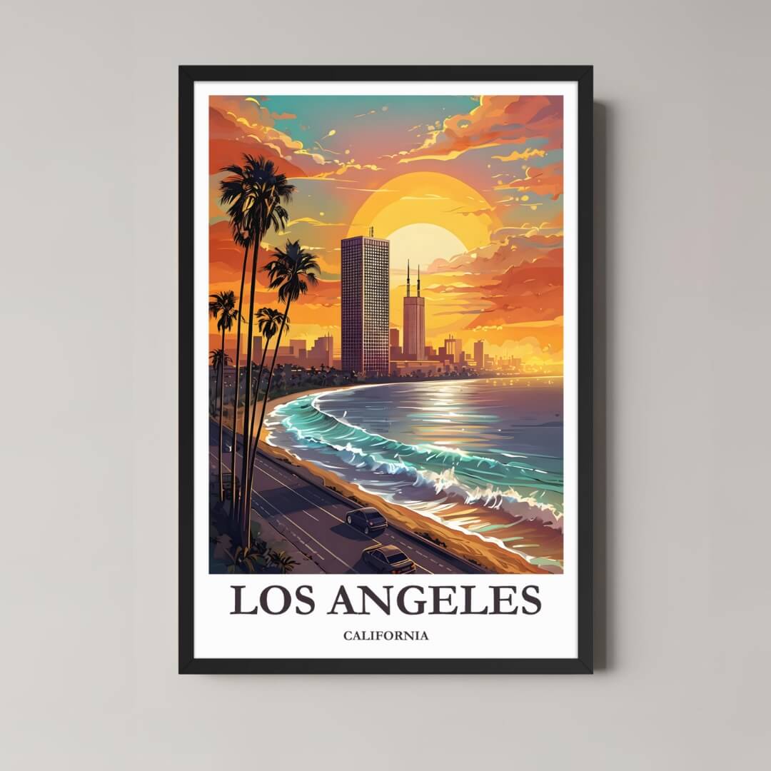 A framed, vibrant illustration of the Los Angeles coast and skyline under a colorful sunset, featuring palm trees and a black frame.