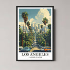 A framed, vibrant illustration of a long Los Angeles street lined with tall palm trees, leading to the downtown skyline with a black frame.